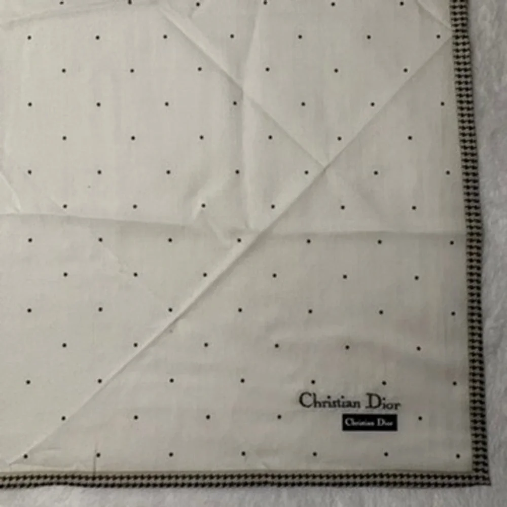 Vtg CHRISTIAN DIOR Scarf Handkerchief Polka Dot Cotton Cream Black 18.5